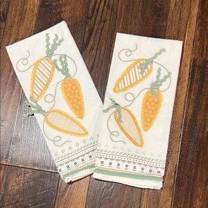 Embroidered Carrot Kitchen Towels - Cream and Orange
